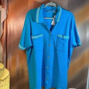 Vintage 80’s turquoise knit top with white stripes. 1X  Size 1X. 50” chest. B7